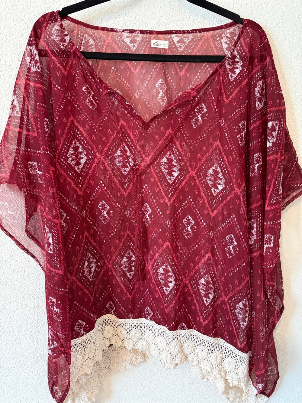 Hollister Burgundy Sheer V-Neck Tunic with Lace Hem